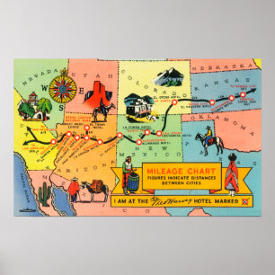Póster Mapa do hotel LocationsCA de Fred Harvey a KS