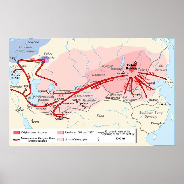 Póster Mapa do Império Khan de Genghis no 13 (Frente)