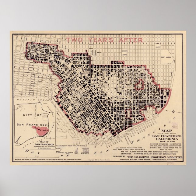 Póster Mapa do incêndio em São Francisco em 1906 (Frente)