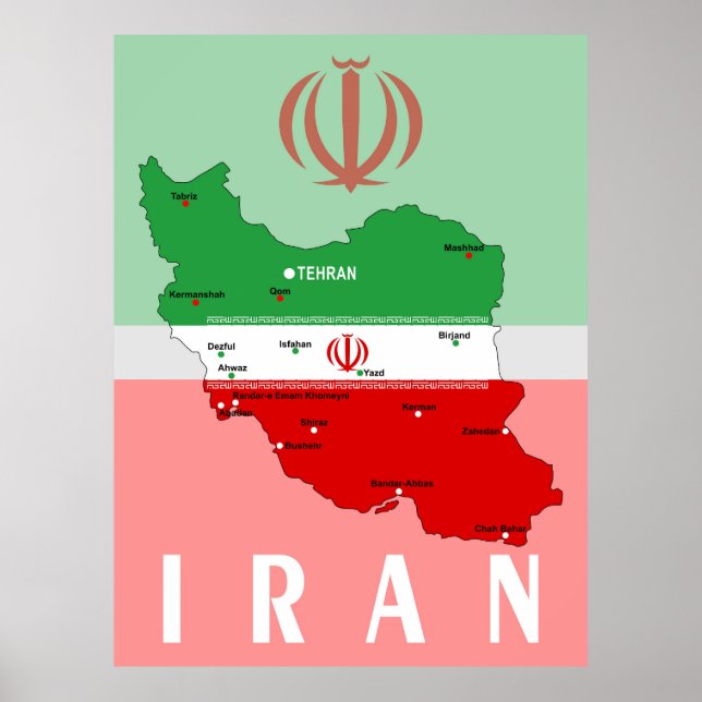 Poster Mapa do Irã com Bandeira e Emblema (Frente)