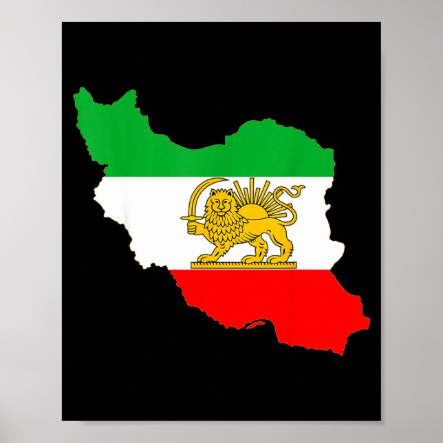 Poster mapa do Irã com emblema de leão e sol, bandeira pe (Frente)