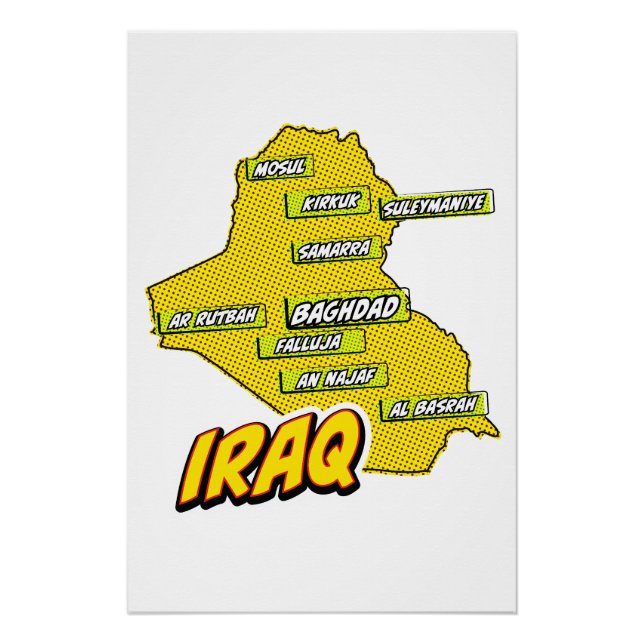 Póster Mapa do Iraque Ilustrado em Pop Art (Frente)