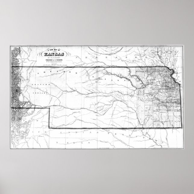 Póster Mapa do Kansas (1859) BW (Frente)