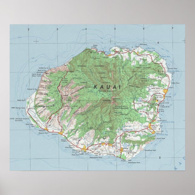 Poster Mapa do Kauai Vintage (Frente)