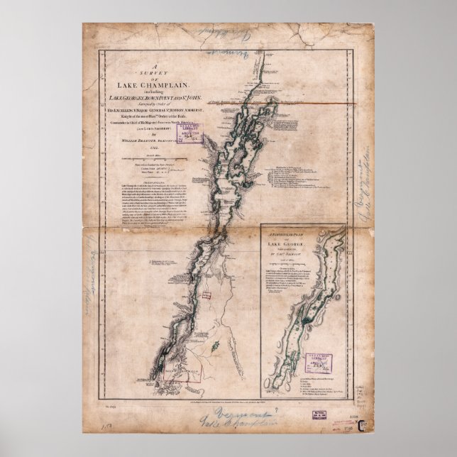 Póster Mapa do Lago Champlain George Crown Point Map (177 (Frente)