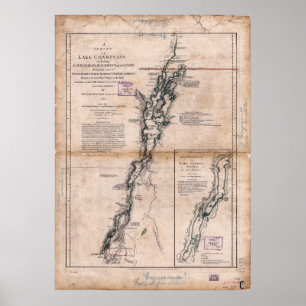 Póster Mapa do Lago Champlain, Lago George Crown Point (1