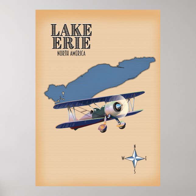 Poster Mapa do Lago Erie América do Norte (Frente)