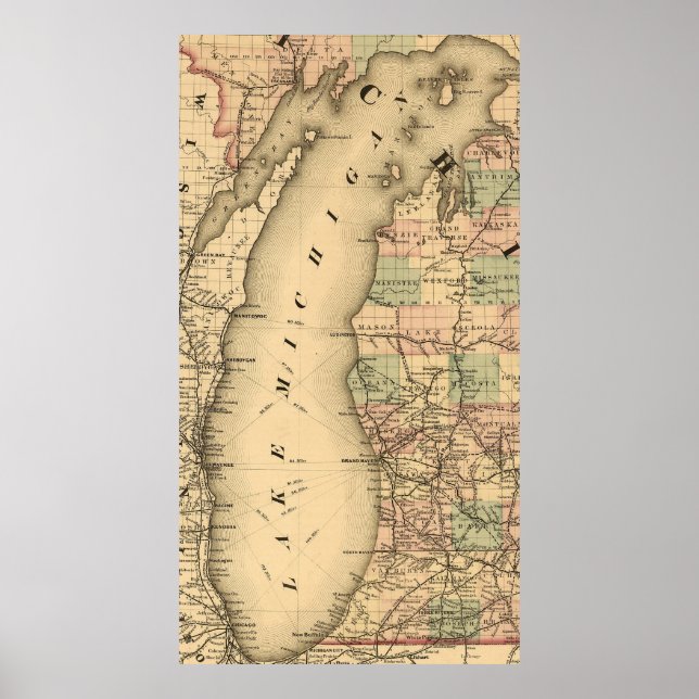 Poster Mapa do Lago Michigan (1876) (Frente)