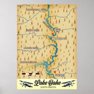 Poster Mapa do Lago Oahe South Dakota