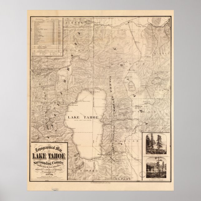 Poster Mapa do Lago Tahoe Area California & Nevada em 187 (Frente)
