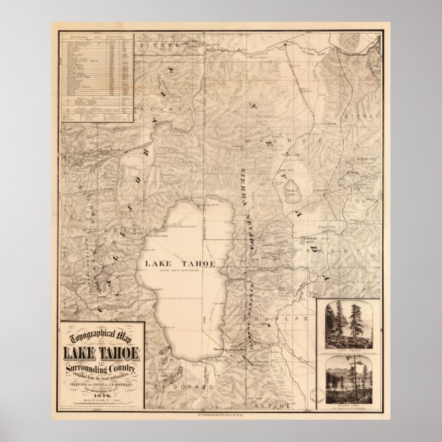 Póster Mapa do Lago Tahoe Calfornia (1874) (Frente)