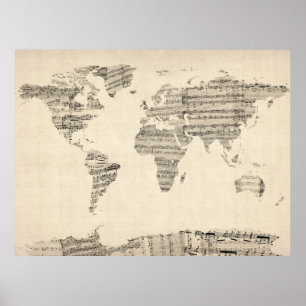 Póster Mapa do mapa do mundo da partitura velha