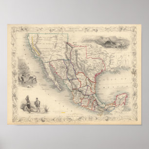 Poster Mapa do México, Califórnia e Texas