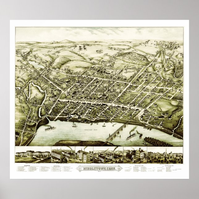 Póster Mapa do Middletown Connecticut de 1877 (Frente)