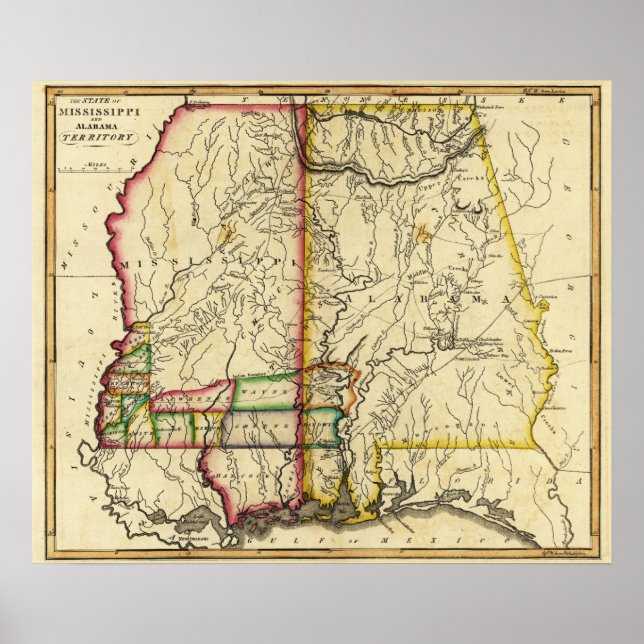 Póster Mapa do Mississippi e do AlabamaPanorâmica (Frente)