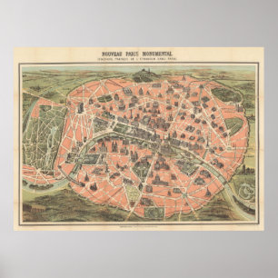 Poster Mapa do Monumento de Vintage Paris França (1882)