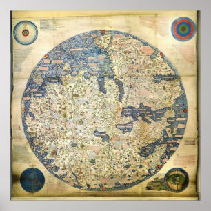 Póster Mapa do mundo 1450 pela monge Venetian Fra Mauro