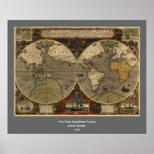 Póster Mapa do mundo 1595 do vintage por Jodocus Hondius