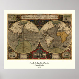 Poster Mapa do mundo 1595 do vintage por Jodocus Hondius