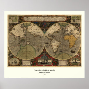Poster Mapa do mundo 1595 do vintage por Jodocus Hondius