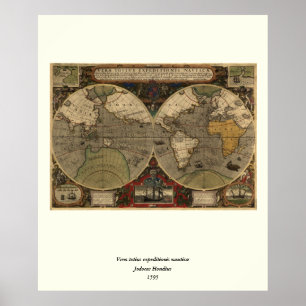 Póster Mapa do mundo 1595 do vintage por Jodocus Hondius