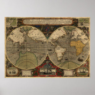 Póster Mapa do mundo 1595 do vintage por Jodocus Hondius