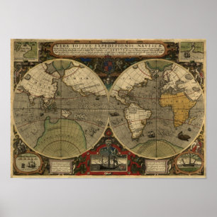 Póster "Mapa do mundo 1595 mapa histórico de Hondius"