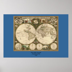 Póster Mapa do mundo 1660 da antiguidade por Frederick de