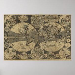 Póster Mapa do mundo 1702 da antiguidade do vintage por