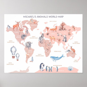 Poster Mapa do Mundo Animal, Arte para Parede Infantil