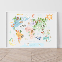 Poster Mapa do Mundo Animal para Crianças, Animais do Mun