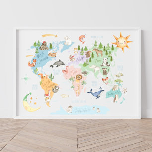Poster Mapa do Mundo Animal para Crianças, Animais do Mun