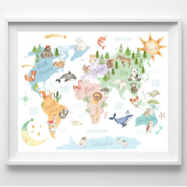 Poster Mapa do Mundo Animal para Crianças, Animais do Mun