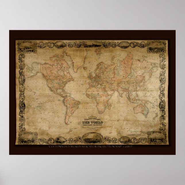 Poster Mapa do Mundo Antigo de COLTONS c1847 (Frente)