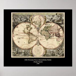 Póster Mapa do mundo antigo por Nicolao Visscher, cerca