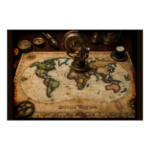 Póster Mapa do Mundo Antigo Steampunk