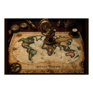 Póster Mapa do Mundo Antigo Steampunk