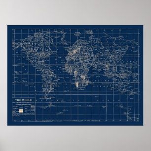 Poster Mapa do Mundo Azul do marinho