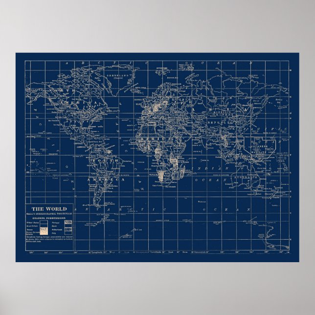 Poster Mapa do Mundo Azul do marinho (Frente)