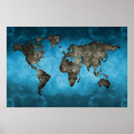 Poster Mapa do Mundo Azul e Negro