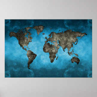 Poster Mapa do Mundo Azul e Negro
