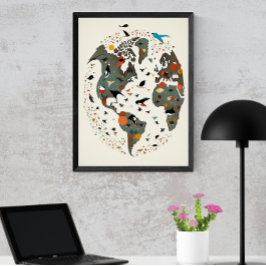 Poster Mapa Do Mundo, Charley Harper Inspirado