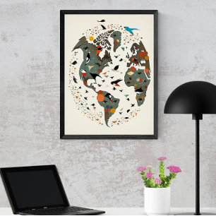 Poster Mapa Do Mundo, Charley Harper Inspirado