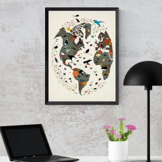Poster Mapa Do Mundo, Charley Harper Inspirado