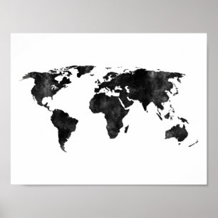 Poster Mapa do Mundo de Aquarela Preta e Branca
