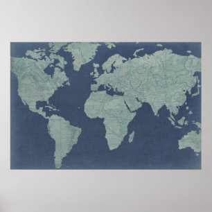 Póster Mapa do Mundo de Linen Azul