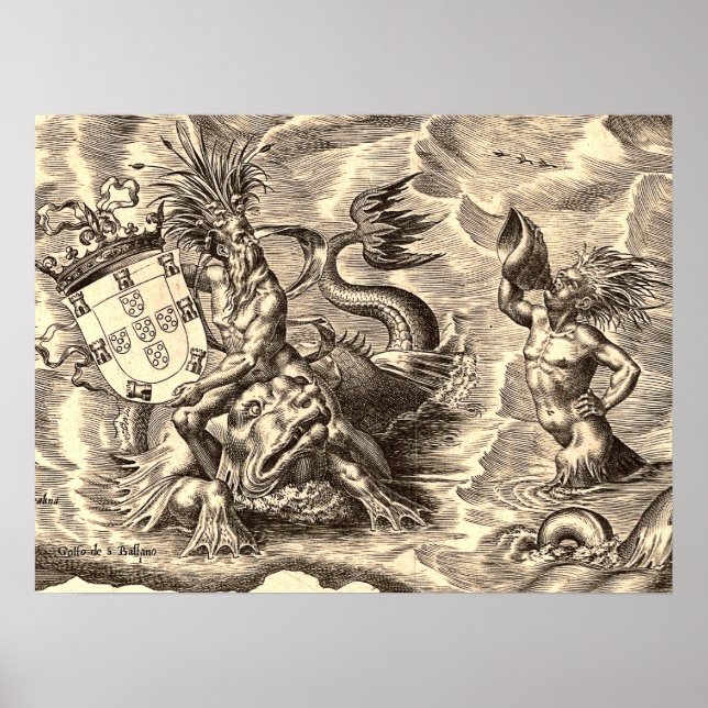 Póster Mapa do Mundo de Poseidon e Golfinhos (Frente)