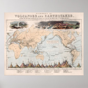 Poster Mapa do Mundo de Volcano e Terremoto Vintage (1852