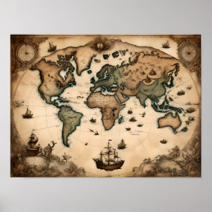 Poster Mapa do Mundo do Século XVII, Arte Histórica