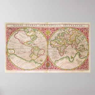 Poster Mapa do mundo dobro do hemisfério, 1587